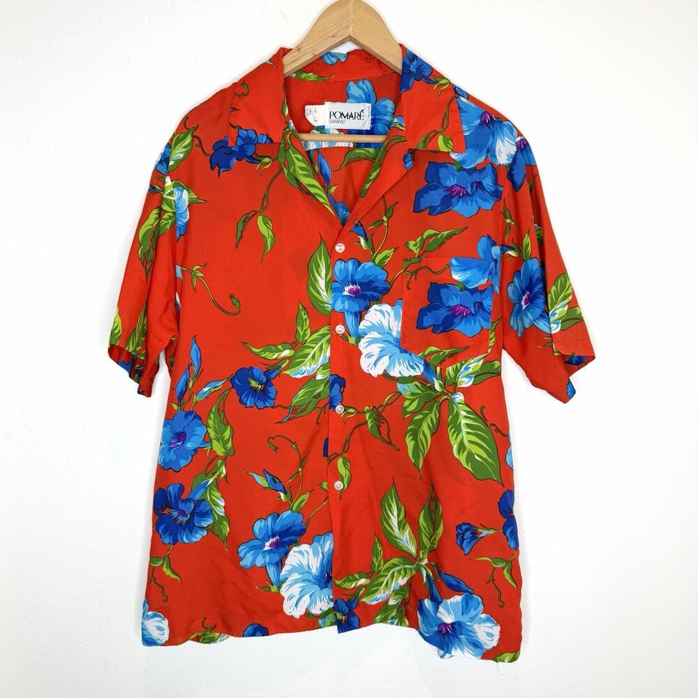 Vintage Pomare Hawaiian Shirt Mens XL Red Blue Floral Button Up Short Sleeve
